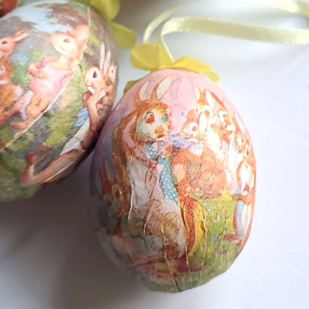 Lot of 10 Vintage Paper Mache Decoupage Easter Egg Tree Ornaments Bunny Bunnies